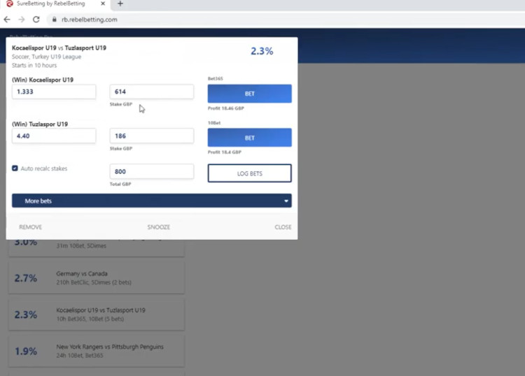 Screenshot från Sure Betting webbaserad plattform